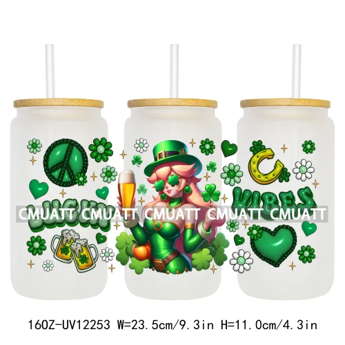 Happy St Patricks Cartoon Princess Characters Feeling Lucky Four Leaf Clover 16OZ UV DTF Cup Wrap Sticker For Libbey Glass Can