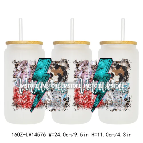 Howdy Western Mama Cowhide UV DTF Wraps Transfer Sticker Selfadhesive Waterproof High Quality For 16OZ Libbey Glass Can Tumbler