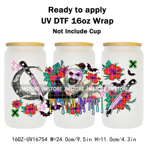 Retro Halloween Neon Scary Movie Character 16OZ UV DTF Cup Wrap Ready To Apply Waterproof Transfer Stickers For Libbey Glass Can