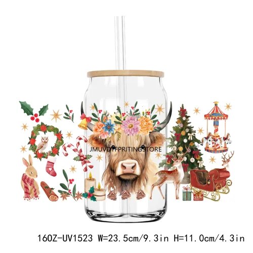 Christmas Santa Gingerbread 16OZ UV DTF Cup Wrap Transfer Sticker Custom Labels DIY Durable Waterproof Logo For Libbey Glass Can