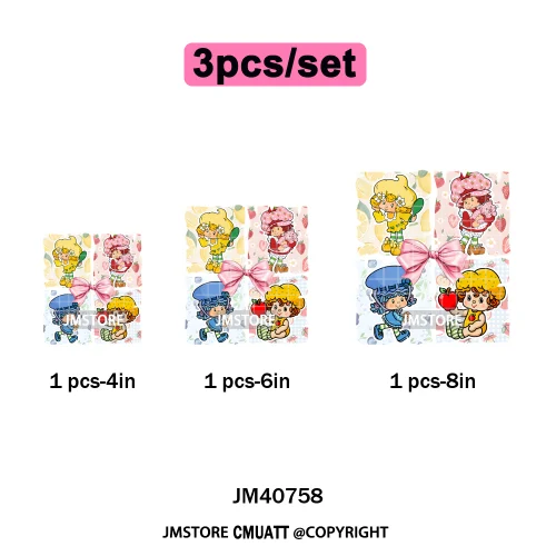 Sweet Strawberry Friends 80s Girl Cartoon Pink Coquette Bows Iron on DTF Washable Transfers Stickers Ready to Press for Clothing