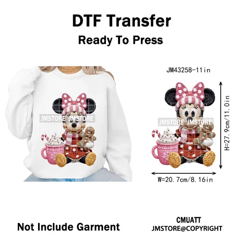 Hot Cocoa Coffee Lover Cartoon Faux Yarn Christmas Xmas Iron on Washable DTF Transfers Stickers Ready to Press for Sweatshirts