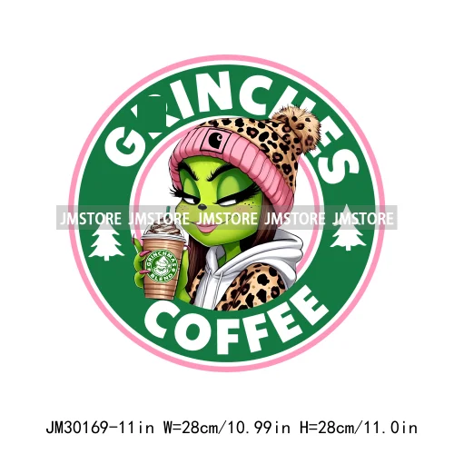 Green Bougie Lady Coffee Leopard Christmas Holiday Season Iron On DTF Transfers Stickers Ready To Press For T-shirts Bags