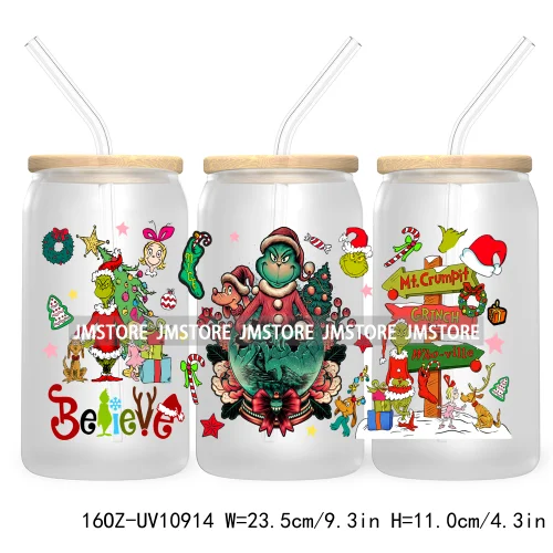 Retro Christmas Mean Guy UV DTF Cup Wrap For Libbey Glass Can Transfer Stickers Waterproof Custom Labels Merry Greenmas Xmas