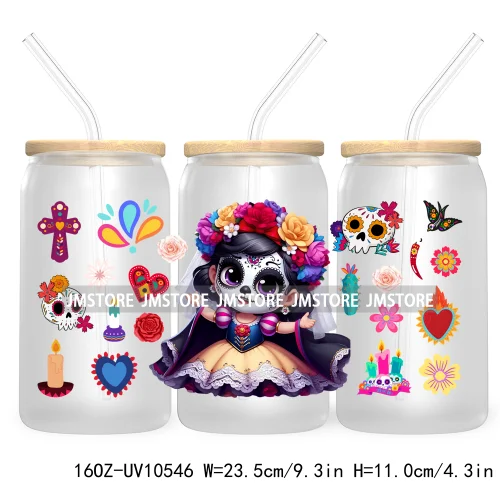 Dia De Los Muertos Mexican UV DTF Sticker For 16OZ Libbey Glass Cup Can Wrap Transfer Stickers Hispanic Halloween Sugar Skulls