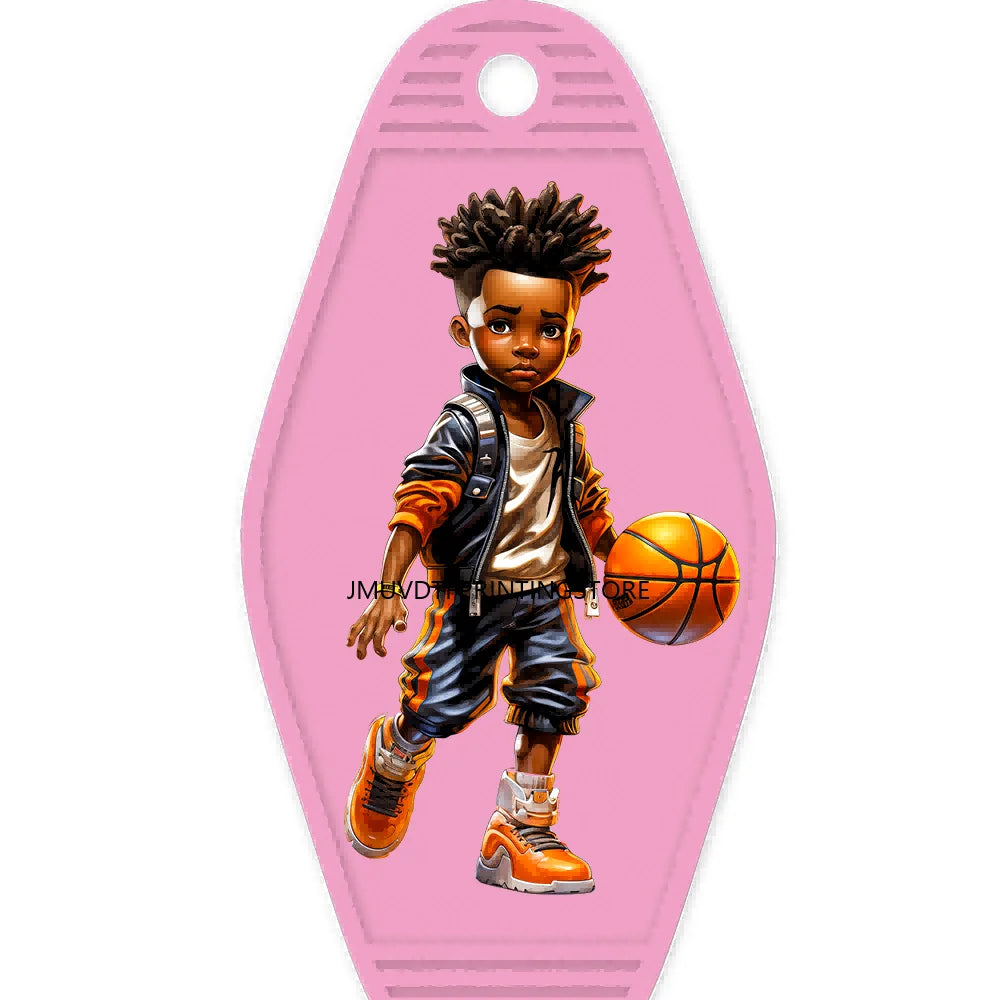 Sport Basketball Football School Black Boys High Quality WaterProof UV DTF Sticker For Motel Hotel Keychain