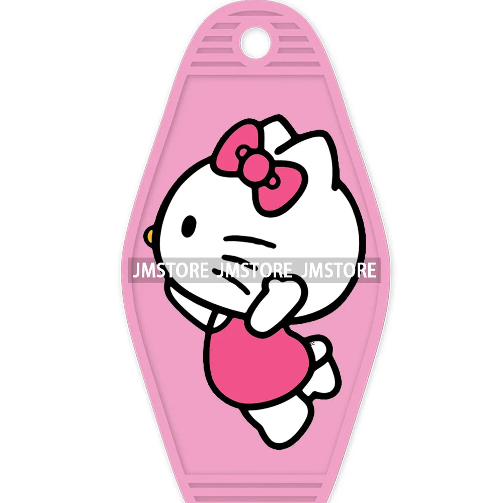 Cute Cartoon Pink Hello Cat With Bow Flower High Quality WaterProof UV DTF Sticker For Motel Hotel Keychain Labels DIY Logo