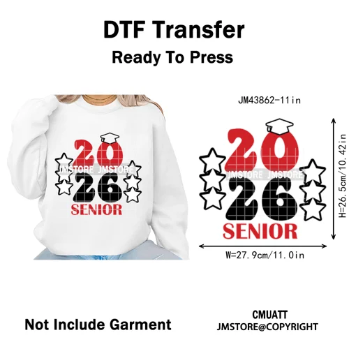 High School Senior 2026 Graduation Club Coquette Gifts Iron on Washable DTF Heat Transfers Stickers Ready to Press for Clothes