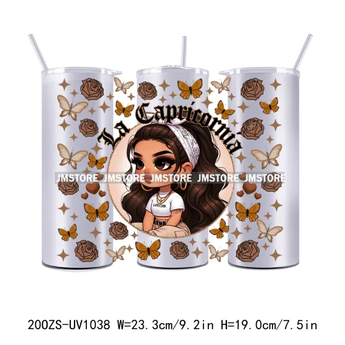 Latina Zodiac Girl Butterfly 20OZ Straight Skinny Tumbler Wrap Ready To Apply UV DTF Transfer Stickers Custom Prints For Tumbler