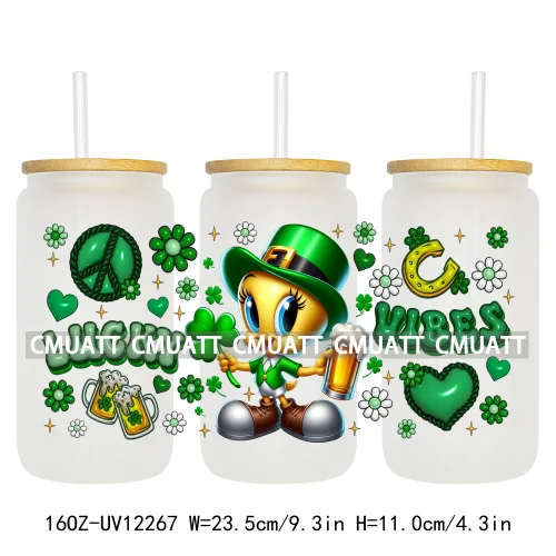 Happy St Patricks Cartoon Princess Characters Feeling Lucky Four Leaf Clover 16OZ UV DTF Cup Wrap Sticker For Libbey Glass Can