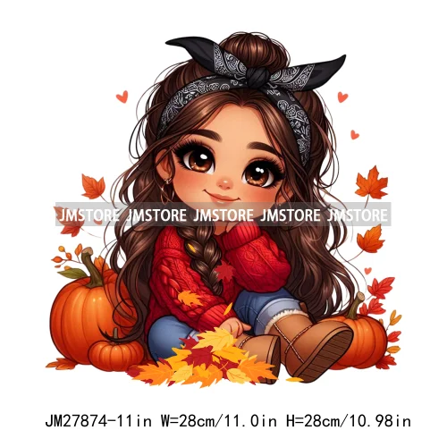 Cute Autumn Pumpkins Fall Vibes Laina Baby Hispanic Chibi Girls Logos DTF Iron On Transfer Stickers Ready To Press For T-shirts