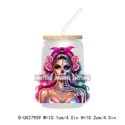 Rainbow Diamond Glamor Latina Skeleton UV DTF Transfer Stickers Decals For Libbey Cold Cups Mugs Tumbler Chicana Latina Woman