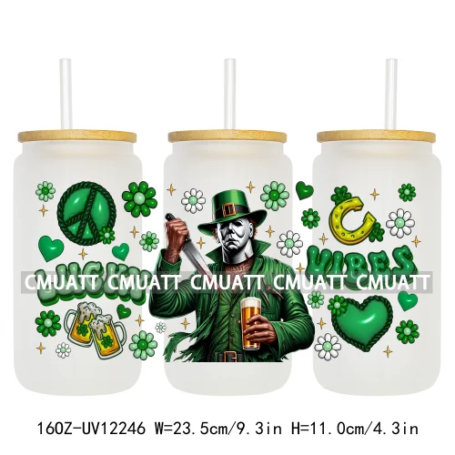 Happy St Patricks Cartoon Princess Characters Feeling Lucky Four Leaf Clover 16OZ UV DTF Cup Wrap Sticker For Libbey Glass Can