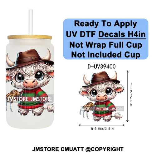 Highland Cow Horror Character Coquette Pumpkin UV DTF Decals Ready To Apply Durable Transfer Stickers For 16OZ Libbey Glass Can