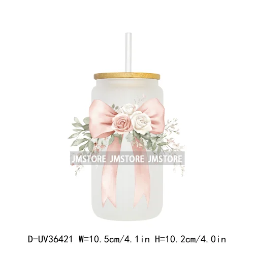 Trendy Girly Floral Coquette Bow UV DTF Transfer Stickers Decals Ready To Apply Waterproof For 16OZ Libbey Glass Can Cup Tumbler