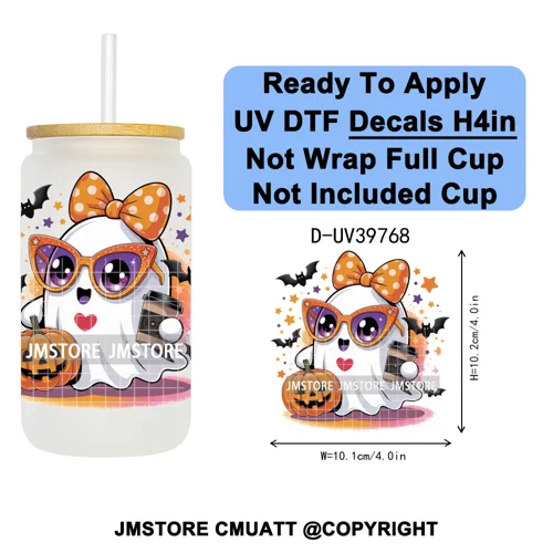 Cute Halloween Witch Ghost Sweet Boo UV DTF Decals Ready To Apply Waterproof Transfer Stickers Prints For 16OZ Libbey Glass Can