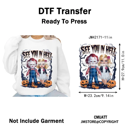 See You In Hell Scary Movie True Love Couple Halloween Season Iron on DTF Washable Transfers Stickers Ready to Press for Textile
