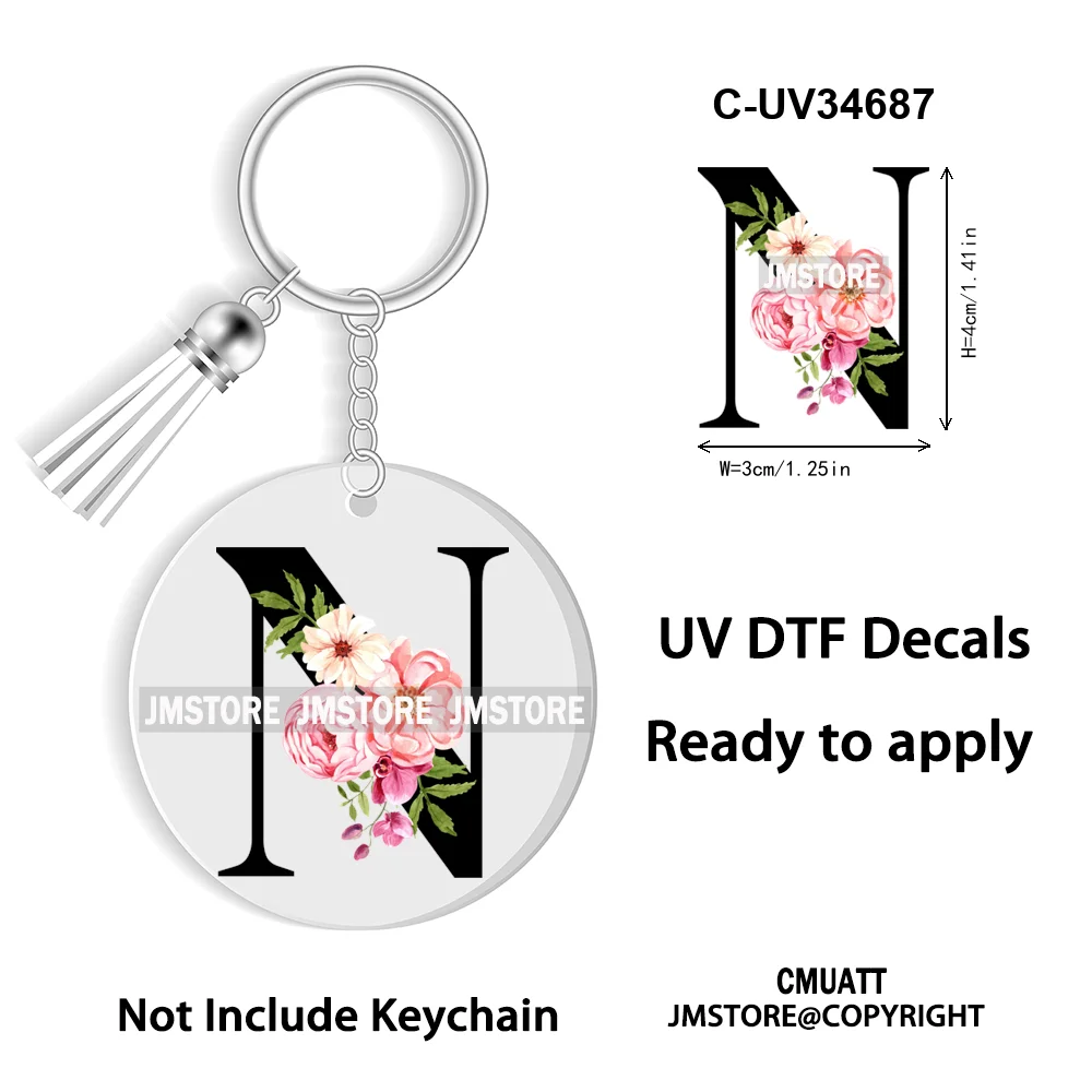 Floral Whole Entire Alphabet Flowers Black Letters Monogram WaterProof UV DTF Stickers For Round Circle Acrylic Keychain Keyring