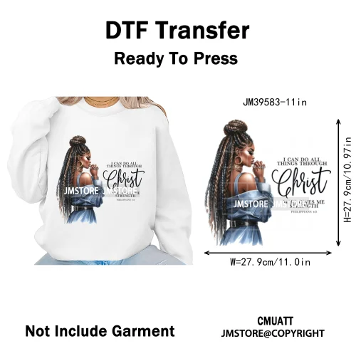 Fashion Afro Girls Pray Christian Black Boss Lady Printing Iron on DTF Washable Transfers Stickers Ready to Press for Clothes