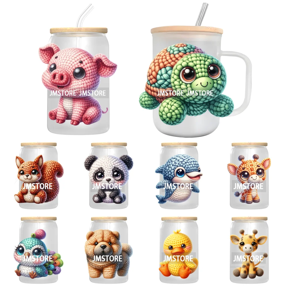 Watercolor Knitted Cute Animals UV DTF Transfer Stickers Decals Ready To Apply Waterproof For 16OZ Libbey Glass Can Cups Tumbler