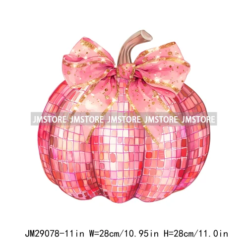 Pink Disco Ball Pumpkin Spice Fall Season Coquette Bow Autumn Iron On DTF Transfer Stickers Ready To Press For Sweatshirt