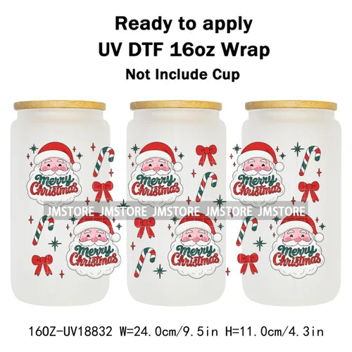 Christmas Bookish Santa Stocking Gifts UV DTF Cup Wrap Ready To Apply Transfer Stickers Waterproof For 16OZ Libbey Glass Can Mug