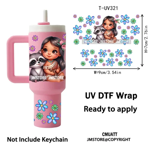 Watercolor Little Girl Cartoon Princess Flowers UV DTF Wraps Ready To Use Transfer Stickers Waterproof For Mini Tumbler Keychain