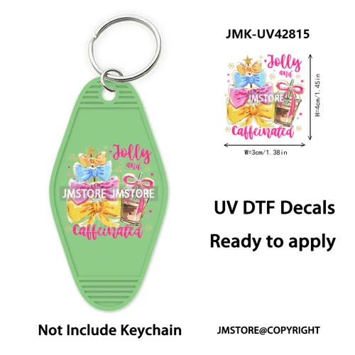 Holly Jolly Christmas Patchwork Santa UV DTF Motel Keychain Decal Ready To Ship Durable Transfer Stickers For Hotel Keychain