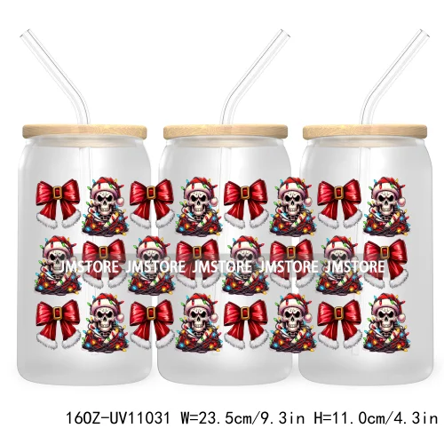 Skeleton Christmas 16OZ UV DTF Cup Wrap Transfer Stickers Durable Waterproof For Libbey Glass Can Coquette Bow Christmas Santa