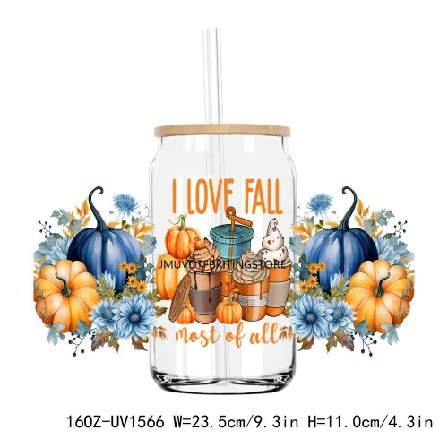 Fall Autumn Pumpkin Flower 16OZ UV DTF Cup Wrap Transfer Stickers Custom Labels DIY Durable Waterproof Logo For Libbey Glass Can