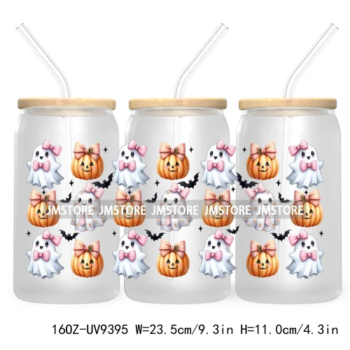 Coquette Pumpkin Autumn 16OZ UV DTF Cup Wrap Transfer Stickers Custom Waterproof Label For Libbey Glass Can Cute Ghost Halloween