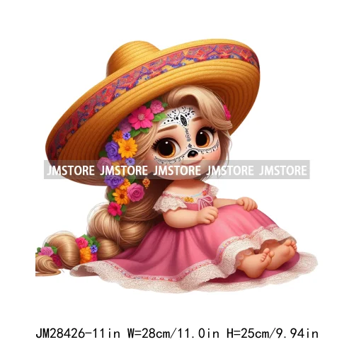 Colorful Day Of The Dead Catrina Princess Baby Girl Sombrero Hat Mexico Conchas Iron On DTF Heat Transfers Stickers For Clothing