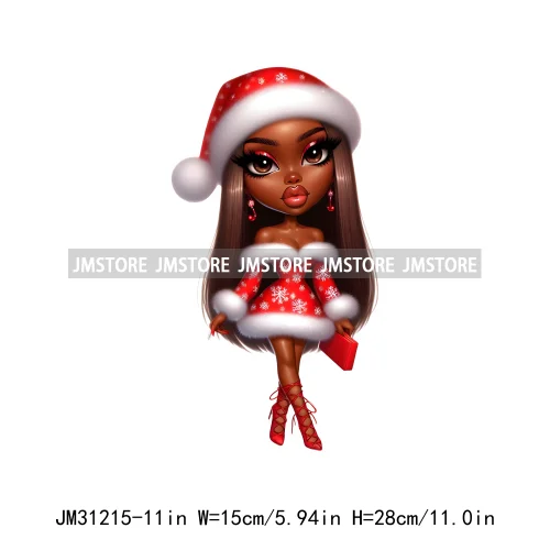 Merry And Bright Melanin Christmas Winter Festive Cheer Santa Woman Iron On DTF Transfer Stickers Ready To Press For Sweatshirts