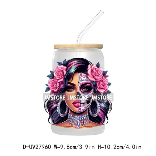 Rainbow Diamond Glamor Latina Skeleton UV DTF Transfer Stickers Decals For Libbey Cold Cups Mugs Tumbler Chicana Latina Woman