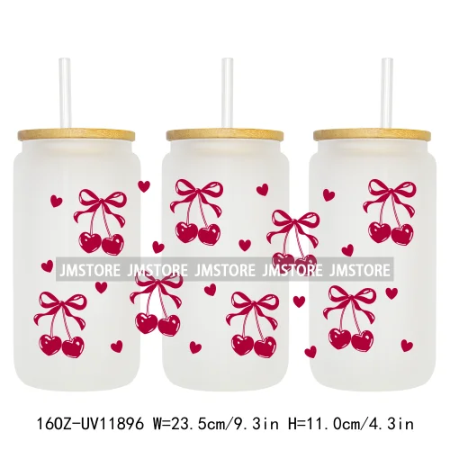 Coquette Bow Pencil 16OZ UV Cup Wrap DTF Transfer Stickers For Libbey Glass Can Cups Tumbler Cherry Heart Love Valentines Day