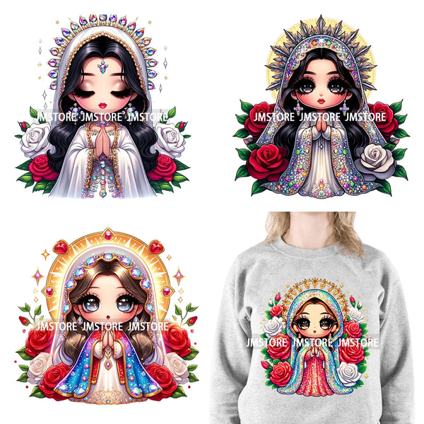 Diamond Our Lady Of Guadalupe Virgin Mary Western Mother Of God Praying Iron On DTF Heat Press Transfers Stickers For Clothing