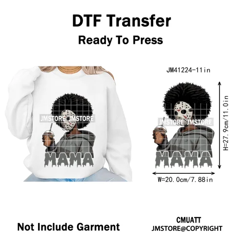 Black Girls Coffee Drinking Halloween Scary Movie Killer Mama Iron on Washable DTF Transfers Stickers Ready to Press for Clothes