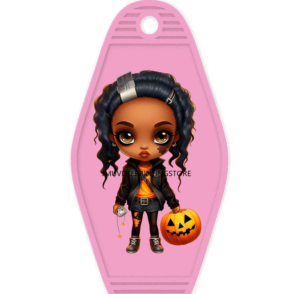 Halloween Pumpkin Cute Afro Girls High Quality WaterProof UV DTF Sticker For Motel Hotel Keychain Festival Gifts