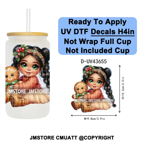 Floral Christmas Latina Chibi Girl UV DTF Transfer Stickers Decals Ready To Apply Good Quality Prints For Libbey Cold Cup Mugs