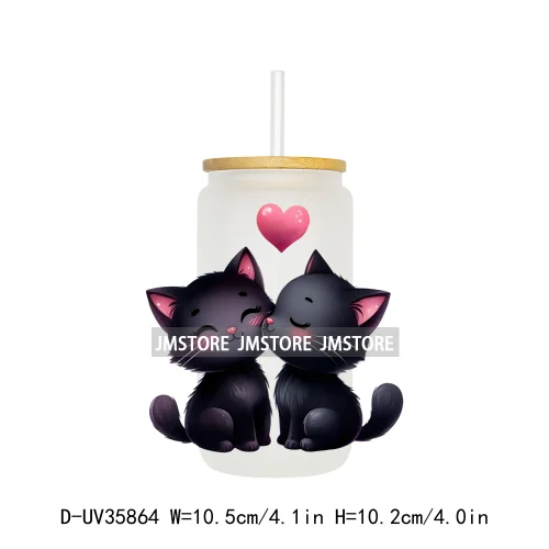 Valentine's Day Black Cat Couple UV DTF Transfer Stickers Decals Ready To Apply Waterproof For 16OZ Libbey Glass Can Cup Tumbler
