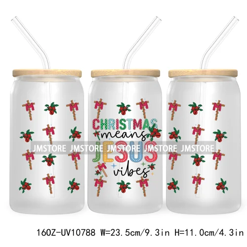 Religious Jesus Christmas UV DTF Cup Wrap For Libbey Glass Can Transfer Stickers Waterproof Custom Labels Christian Cross Bow