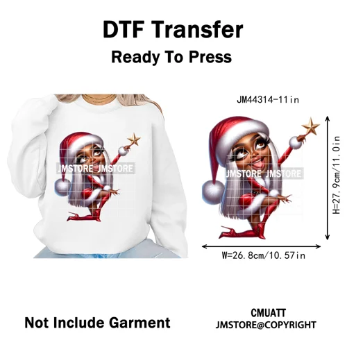 Sassy Black Girl Santa Christmas Bright Gingerbread Iron on Washable DTF Heat Transfers Stickers Ready to Press for Sweatshirts