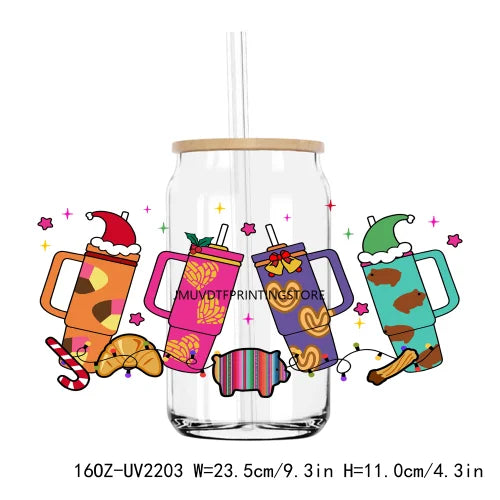 Merry Christmas Glitter Gingerbread UV DTF Sticker For 16OZ Libbey Glass Cup Can Wrap Transfer Sticker Custom Labels DIY Logo