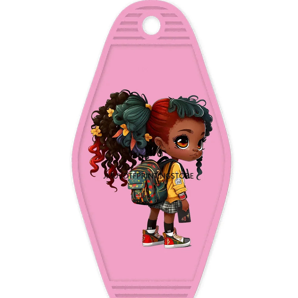 School Melanin Black Girls With Luggage High Quality WaterProof UV DTF Sticker For Motel Hotel Keychain Afro Children