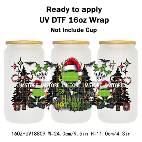 Coquette Bow Cartoon Christmas Green Guy UV DTF Cup Wrap Ready To Apply Transfer Stickers Waterproof For 16OZ Libbey Glass Can