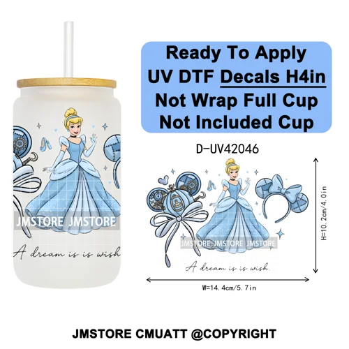 Cartoon Mouse Head Princess Family Vacation UV DTF Decals Ready To Apply Waterproof Transfer Stickers For 16OZ Libbey Glass Can