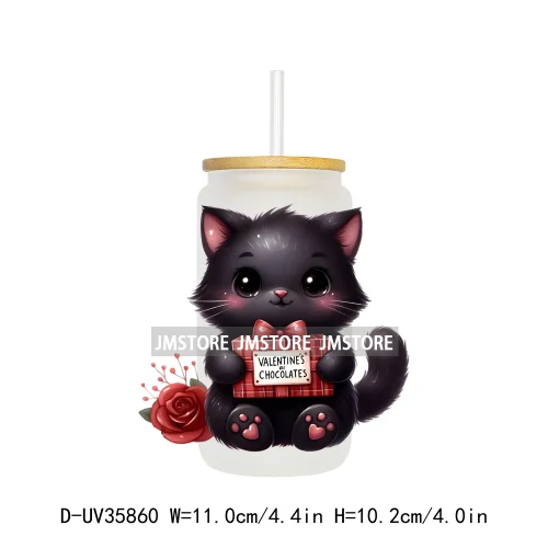 Valentine's Day Black Cat Couple UV DTF Transfer Stickers Decals Ready To Apply Waterproof For 16OZ Libbey Glass Can Cup Tumbler
