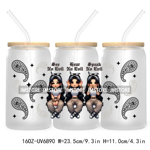 Chibi Latina Chicana 16OZ UV DTF Cup Wrap Transfer Stickers For Libbey Glass Can Cups Tumbler Waterproof Craft Mexican Girl Rose