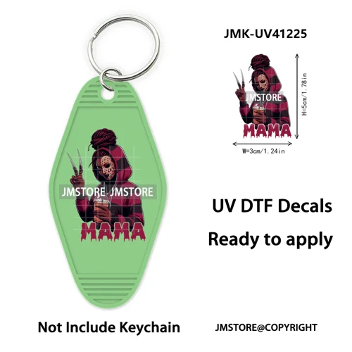 Horror Character Mama Coffee Lover UV DTF Motel Keychain Decal Ready To Ship Durable Transfer Stickers Prints For Hotel Keychain