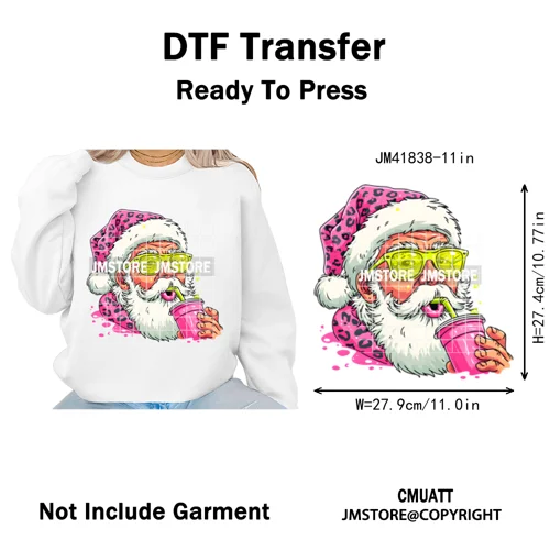 Pink Cartoon Glasses Coffee Drink Leopard Blowing Santa Claus Christmas Iron on DTF Transfer Stickers Ready to Press for T-shirt